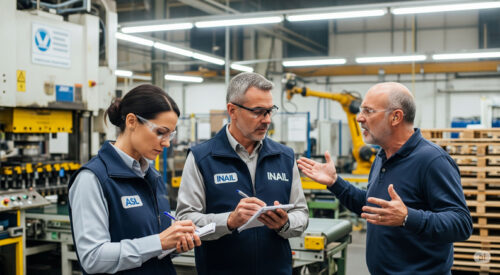 Funzionari ASL e INAIL durante un'ispezione per la sicurezza sul lavoro, pronti a rilevare infrazioni