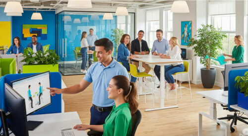 Esperto in salute e sicurezza sul lavoro che illustra programmi di benessere aziendale e prevenzione dello stress lavoro-correlato, burnout, mobbing, bossing, discomfort ergonomico